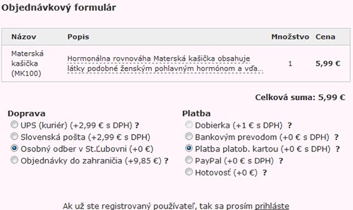 Objednávkový formulár pre eshop - aktívne polia doprava a platba Objednávkový formulár - poli adoprava a platba