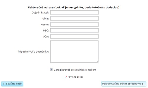 Objednávkový formulár pre eshop - internetový obchod. Možnosti pre dodanie a platbu v eshope Objednávkový formulár pre eshop - fakturačná a dodacia adresa